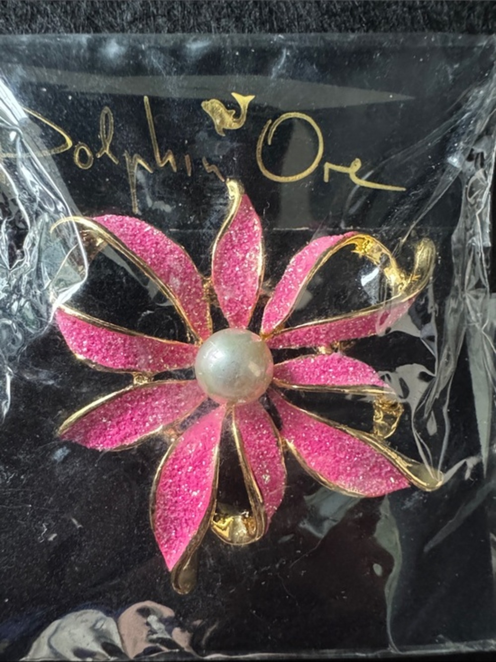 VTG Dolphin Ore Pink Glitter Enamel Flower Brooch Faux Pearl Center 18K HGE